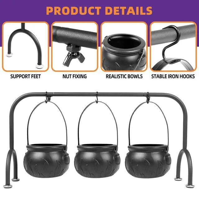 Alt view image 4 of 6 - Easter Decorations Indoor,Set of 3 Witches Cauldron Candy Serving Bowls on Rack, Party Decorations,Black Plastic Candy Cauldron for Table Decor,Easter Candy for Kids