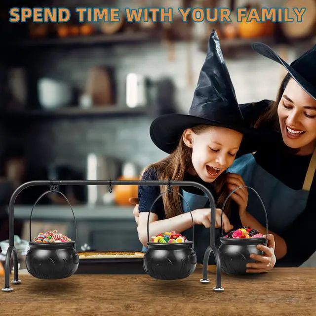 Alt view image 6 of 6 - Easter Decorations Indoor,Set of 3 Witches Cauldron Candy Serving Bowls on Rack, Party Decorations,Black Plastic Candy Cauldron for Table Decor,Easter Candy for Kids