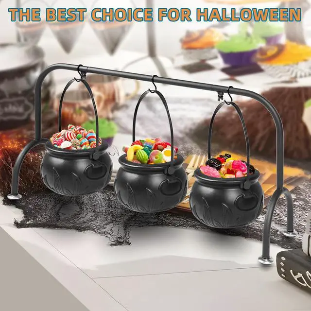 Alt view image 5 of 6 - Easter Decorations Indoor,Set of 3 Witches Cauldron Candy Serving Bowls on Rack, Party Decorations,Black Plastic Candy Cauldron for Table Decor,Easter Candy for Kids