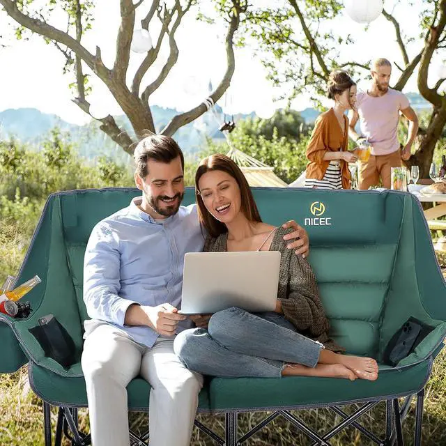 Alt view image 2 of 7 - Heated Double Camping Couch with Cooler Bag, Bottle Opener, Power Bank Double Padded Camping Chair, with Cup Holder, Cooler Bag, Bottle Opener