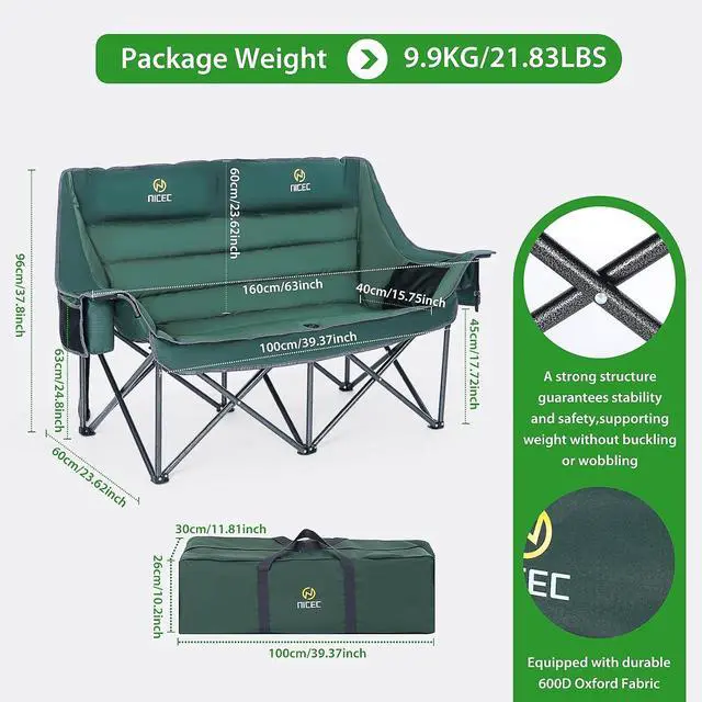 Alt view image 3 of 7 - Heated Double Camping Couch with Cooler Bag, Bottle Opener, Power Bank Double Padded Camping Chair, with Cup Holder, Cooler Bag, Bottle Opener