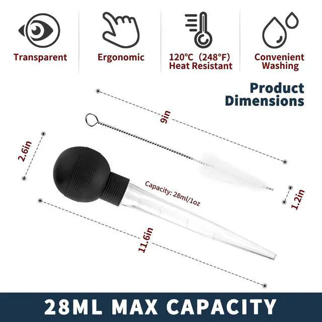 Alt view image 4 of 6 - Turkey Baster With Cleaning Brush, Baster Syringe for Home Baking and Roaster Turkey, Include Detachable Food Grade Bulb with Double Scales for BBQ Grill Baking Kitchen Cooking