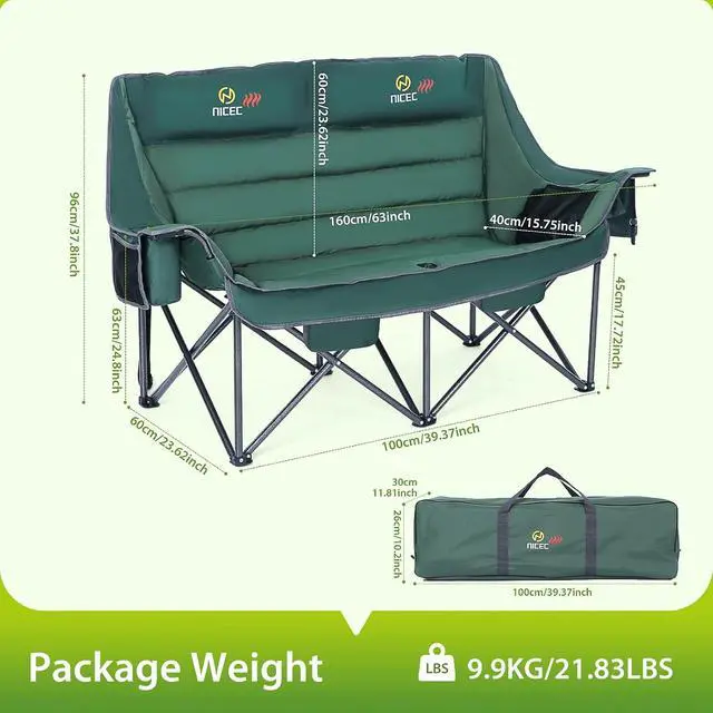 Alt view image 3 of 7 - Heated 3 Person Camping Chair with Canopy, Cup Holder, Cooler Bag Heated Camping Chair with Battery, Oversized Thick Padded Loveseat