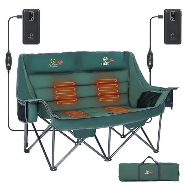 Alt view image 6 of 7 - Heated Double Camping Couch with Cooler Bag, Bottle Opener, Power Bank Double Padded Camping Chair, with Cup Holder, Cooler Bag, Bottle Opener