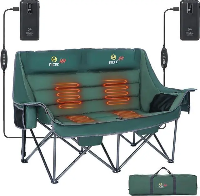 Main image of Heated 3 Person Camping Chair with Canopy, Cup Holder, Cooler Bag Heated Camping Chair with Battery, Oversized Thick Padded Loveseat