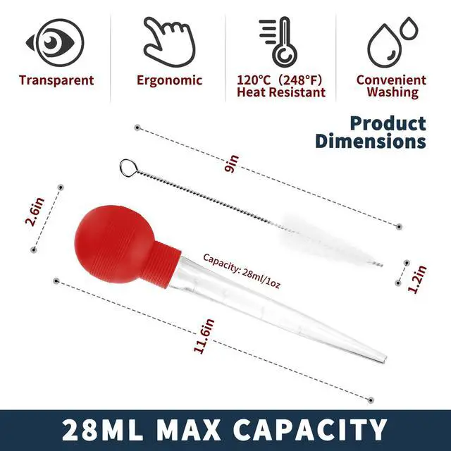 Alt view image 4 of 6 - Turkey Baster With Cleaning Brush, Baster Syringe for Home Baking and Roaster Turkey, Include Detachable Food Grade Bulb with Double Scales for BBQ Grill Baking Kitchen CookingRED