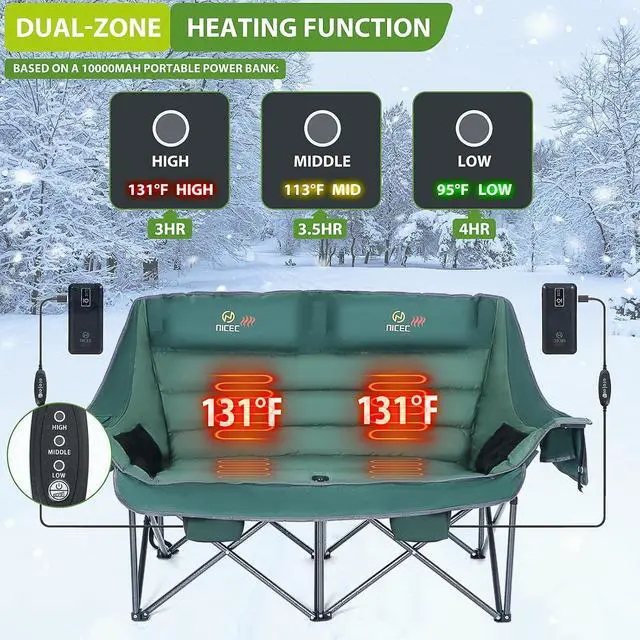 Alt view image 5 of 7 - Heated 3 Person Camping Chair with Canopy, Cup Holder, Cooler Bag Heated Camping Chair with Battery, Oversized Thick Padded Loveseat