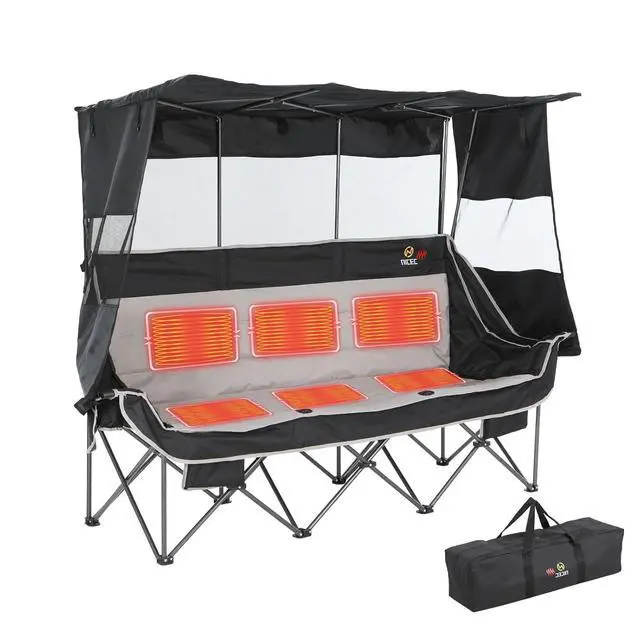 Alt view image 6 of 7 - Heated 3 Person Camping Chair with Canopy, Cup Holder, Cooler Bag Loveseat Camping Chair, with Cooler Bag, Wine Glass Holder