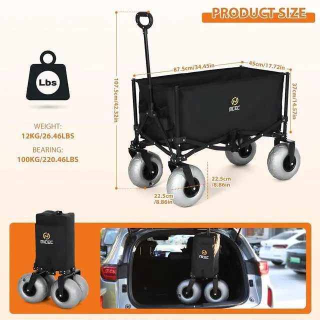 Alt view image 4 of 7 - Wagon with Canopy, Beach Cart with Ballon Wheels for Sand + Beach Wagon with Balloon Wheel