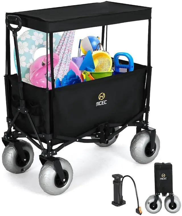 Alt view image 6 of 7 - Wagon with Canopy, Beach Cart with Ballon Wheels for Sand + Beach Wagon with Balloon Wheel