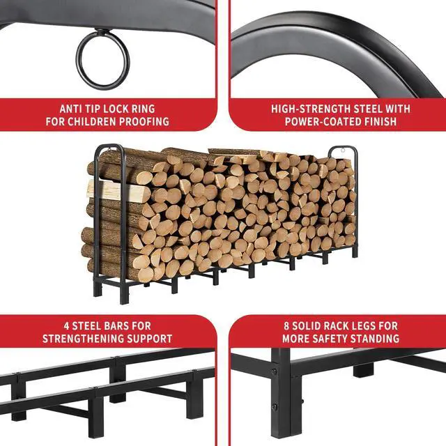 Alt view image 5 of 7 - 8FT Firewood Rack Outdoor with Cover, Heavy Duty Adjustable Firewood log Storage & Holder, Wood Pile Lumber Storage Rack Stacking Outside for Courtyard Patio.