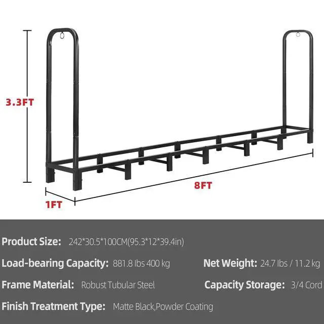 Alt view image 5 of 6 - 8FT Firewood Rack Outdoor, Heavy Duty Adjustable Firewood log Storage & Holder, Wood Pile Lumber Storage Rack Stacking Outside for Courtyard Patio.