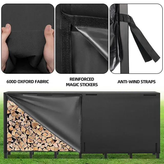 Alt view image 2 of 7 - 8FT Firewood Rack Outdoor with Cover, Heavy Duty Adjustable Firewood log Storage & Holder, Wood Pile Lumber Storage Rack Stacking Outside for Courtyard Patio.