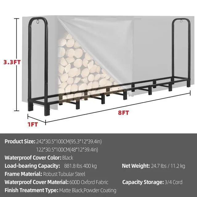 Alt view image 6 of 7 - 8FT Firewood Rack Outdoor with Cover, Heavy Duty Adjustable Firewood log Storage & Holder, Wood Pile Lumber Storage Rack Stacking Outside for Courtyard Patio.