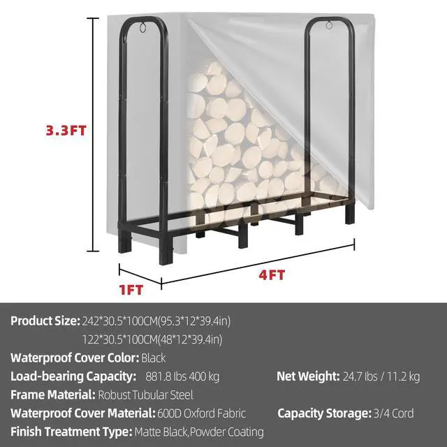 Alt view image 6 of 7 - 4FT Firewood Rack Outdoor with Cover, Heavy Duty Adjustable Firewood log Storage & Holder, Wood Pile Lumber Storage Rack Stacking Outside for Courtyard Patio.