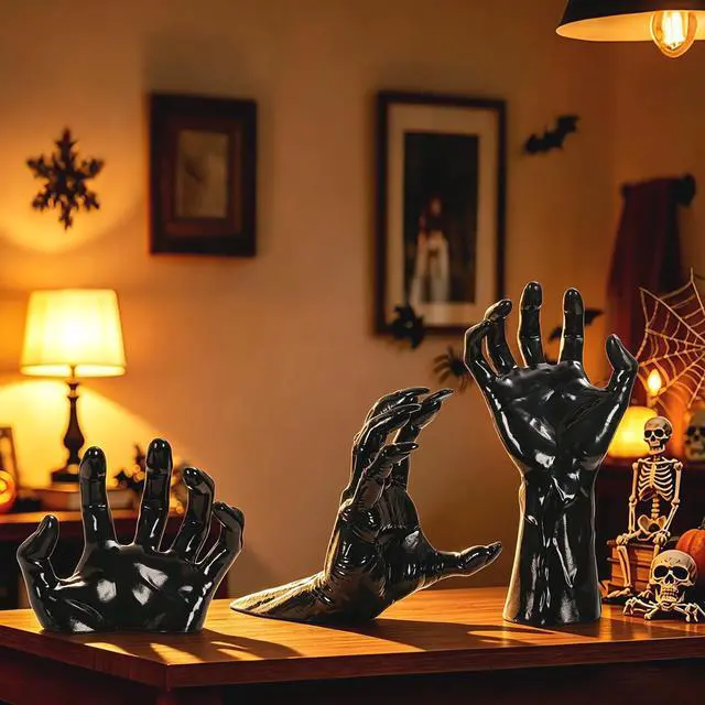 Alt view image 4 of 7 - Halloween Decorations Indoor, 3PCS Gothic Hands LED Candles Spooky Home Wall Decor