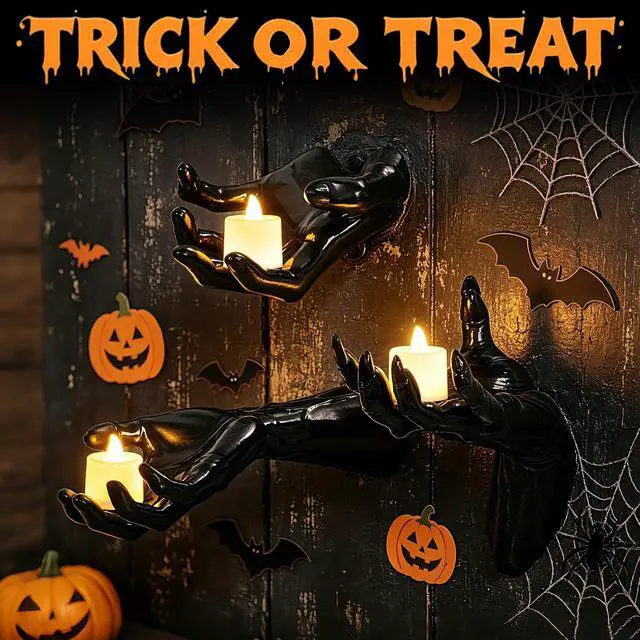 Alt view image 6 of 7 - Halloween Decorations Indoor, 3PCS Gothic Hands LED Candles Spooky Home Wall Decor