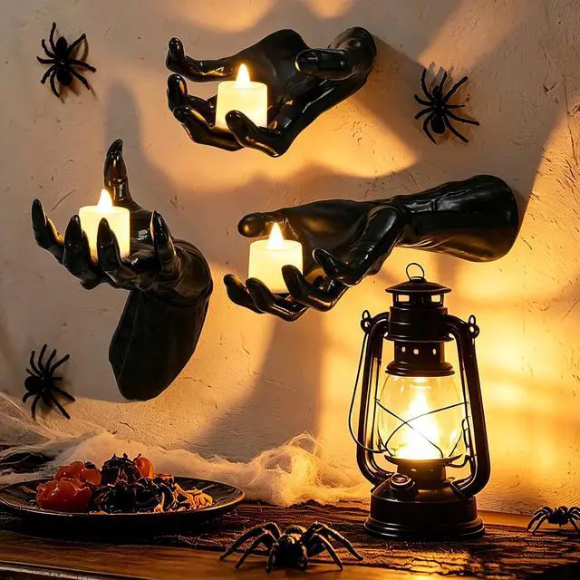 Alt view image 2 of 7 - Halloween Decorations Indoor, 3PCS Gothic Hands LED Candles Spooky Home Wall Decor