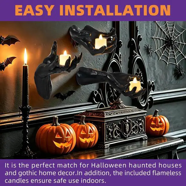 Alt view image 7 of 7 - Halloween Decorations Indoor, 3PCS Gothic Hands LED Candles Spooky Home Wall Decor