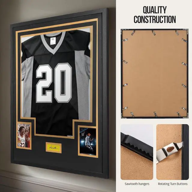 Alt view image 2 of 7 - Custom Jersey Frame Display Case with Customized Color Mat, Wall Mount DIY Jersey Frame with Photo Slots, Personalized Shirt Display Shadow Box, with Hardware Kit, Signature Display, Sports