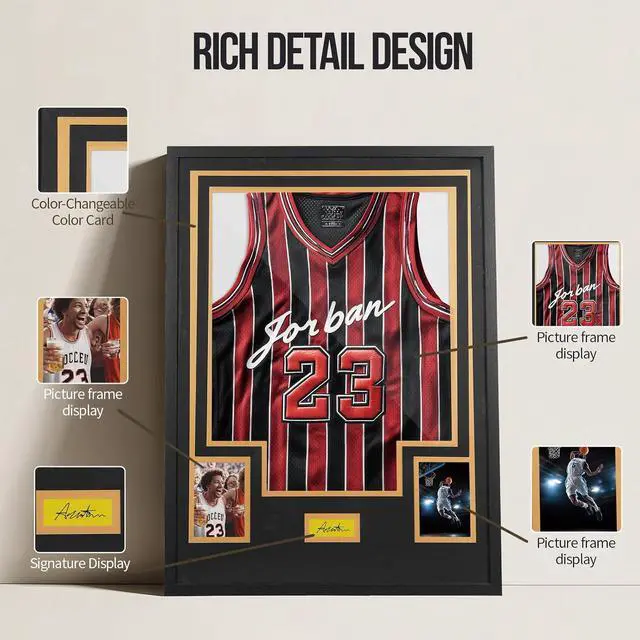 Alt view image 4 of 7 - Custom Jersey Frame Display Case with Customized Color Mat, Wall Mount DIY Jersey Frame with Photo Slots, Personalized Shirt Display Shadow Box, with Hardware Kit, Signature Display, Sports