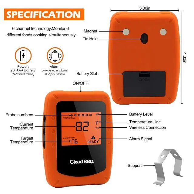Alt view image 2 of 7 - Wireless Meat Thermometer, Digital Grill Thermometer for Grilling Smart APP Control with 6 Stainless Steel Probes, Bluetooth Grill BBQ Meat Thermometer Kitchen Meat, Support iOS & Android