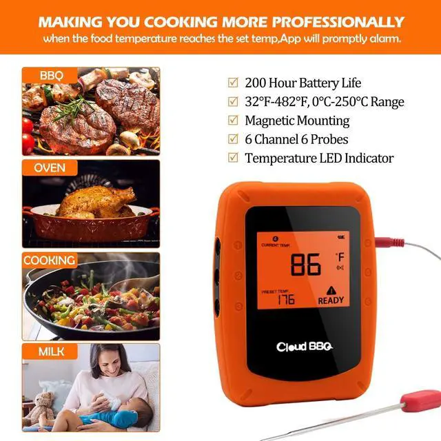 Alt view image 6 of 7 - Wireless Meat Thermometer, Digital Grill Thermometer for Grilling Smart APP Control with 6 Stainless Steel Probes, Bluetooth Grill BBQ Meat Thermometer Kitchen Meat, Support iOS & Android