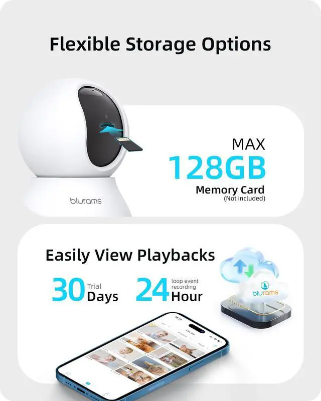 Alt view image 7 of 7 - Security Camera 2K, Baby Monitor Dog Camera 360-degree for Home Security (White + 64GB TF Card)