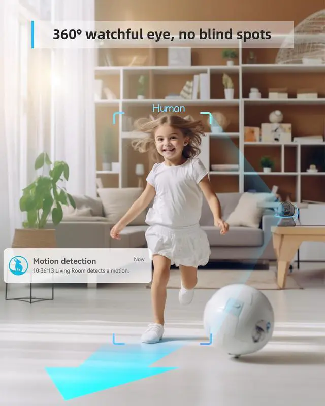 Alt view image 2 of 6 - Indoor Camera, 2K Pet Camera 360° Cameras for Home Security with Phone App, Motion Tracking, 2-Way Audio, IR Night Vision, Siren, Compatible with Alexa & Google Assistant