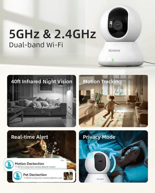 Alt view image 2 of 7 - Indoor Security Camera, 5GHz/2.4GHz Dual-Band, 2K PZT Pet Camera with Phone App, 360° Cameras for Home Security, 2-Way Audio, Motion Tracking, Night Vision, Siren, Cloud&SD