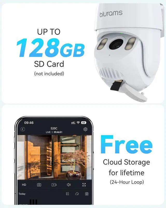 Alt view image 7 of 7 - 2Pack Security Cameras Outdoor Wired, 2K 360° PTZ Outdoor Security Camera, Weatherproof, 24/7 Recording with SD Card, Color Night Vision, AI Human Tracking, 2.4/5GHz WiFi6, Work with Alexa