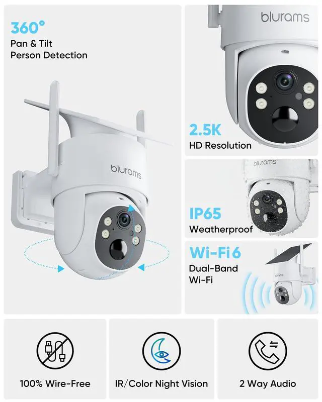 Alt view image 2 of 7 - 4MP Security Cameras Wireless Outdoor, 100% Wire-Free Pan/Tilt Outdoor Camera with Fixed Solar Panel, 360° View, Dual-Band WiFi 6, Human Detection, IR/Color Night Vision, Work with Alexa