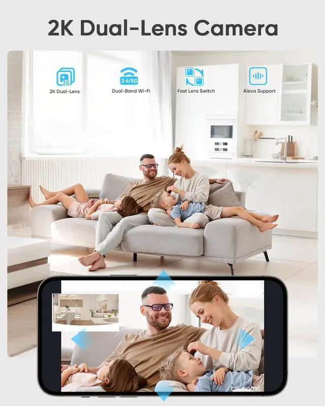 Alt view image 6 of 7 - 2K Dual-Lens Indoor Camera, 5G Pet Camera with Phone App, Split-Screen View, Free Human/Sound Detection, Motion Tracking, One-Touch Call, Night Vision, Dual-Band WiFi 6, Work with Alexa. 2Pack