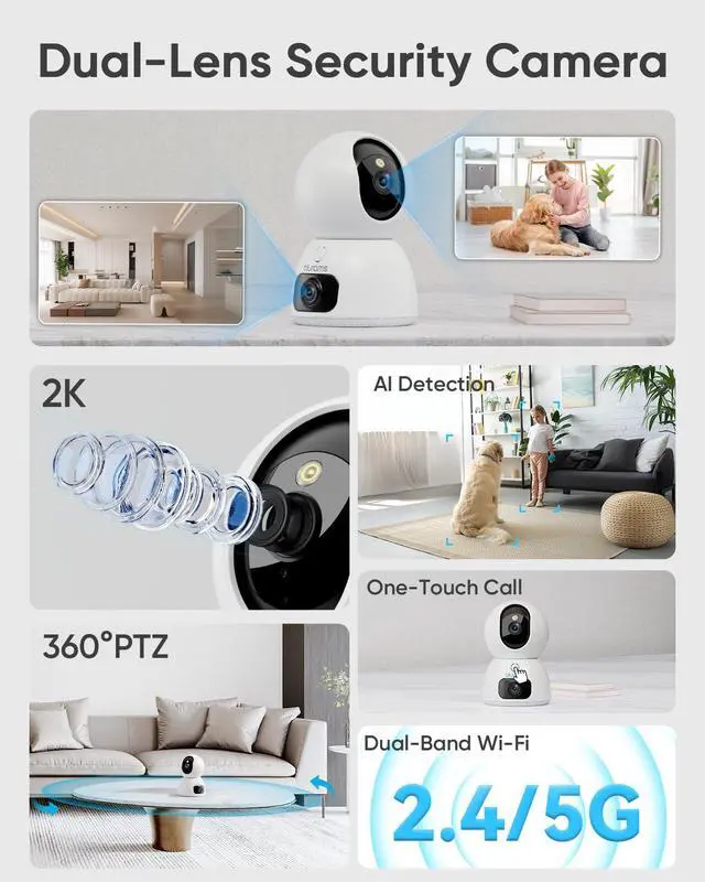 Alt view image 2 of 7 - 2K Dual-Lens Indoor Camera, 5G Pet Camera with Phone App, Split-Screen View, Free Human/Sound Detection, Motion Tracking, One-Touch Call, Night Vision, Dual-Band WiFi 6, Work with Alexa. 2Pack