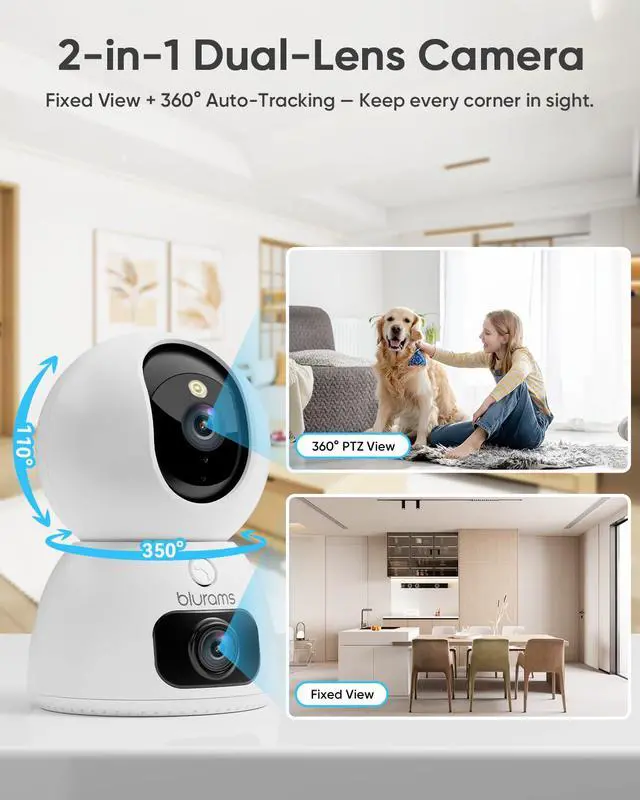 Alt view image 3 of 7 - 2K Dual-Lens Indoor Camera, 5G Pet Camera with Phone App, Split-Screen View, Free Human/Sound Detection, Motion Tracking, One-Touch Call, Night Vision, Dual-Band WiFi 6, Work with Alexa. 2Pack