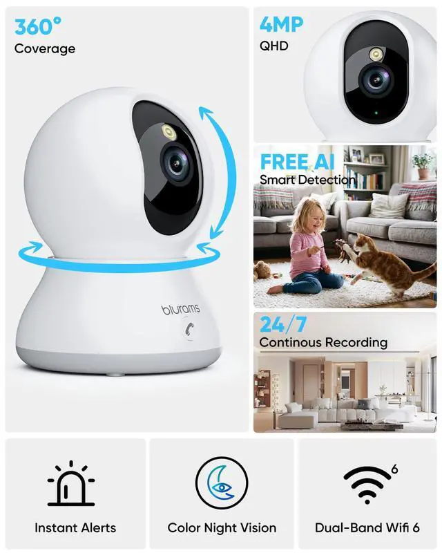 Alt view image 2 of 7 - 4MP Cameras for Home Security, 360° PTZ Pet Indoor Camera with Phone App, One-Touch Call, Dual-Band WiFi 6, Free Human/Pet/Motion/Sound/Cry Detection, Compatible with Alexa