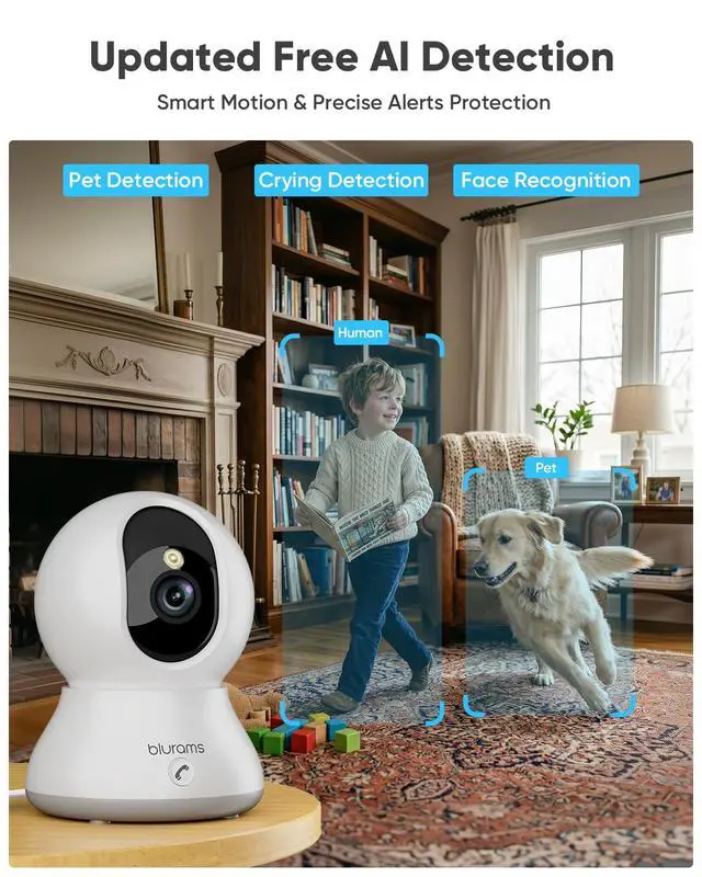 Alt view image 5 of 7 - 4MP Cameras for Home Security, 360° PTZ Pet Indoor Camera with Phone App, One-Touch Call, Dual-Band WiFi 6, Free Human/Pet/Motion/Sound/Cry Detection, Compatible with Alexa