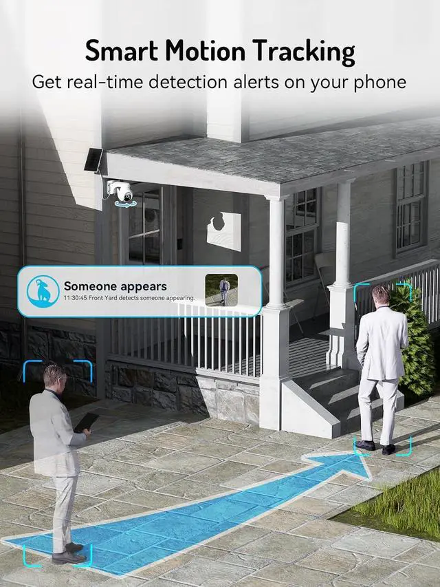 Alt view image 3 of 7 - 2K Solar Outdoor Camera Wireless, 360° PTZ Security Cameras Wireless Outdoor with Human Auto Tracking, R/Color Night Vision, Battery Powered, Compatible with Alexa, 2.4GHz Only, 4Pack