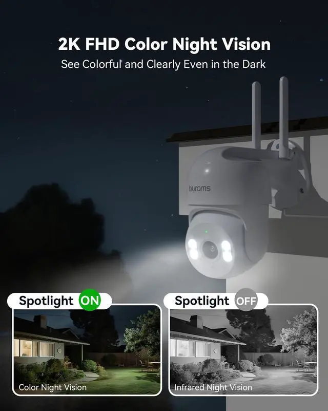 Alt view image 3 of 7 - 2Pack Security Cameras Outdoor Wired, 2K 360° PTZ Outdoor Security Camera, Weatherproof, 24/7 Recording with SD Card, Color Night Vision, AI Human Tracking, 2.4/5GHz WiFi6, Work with Alexa