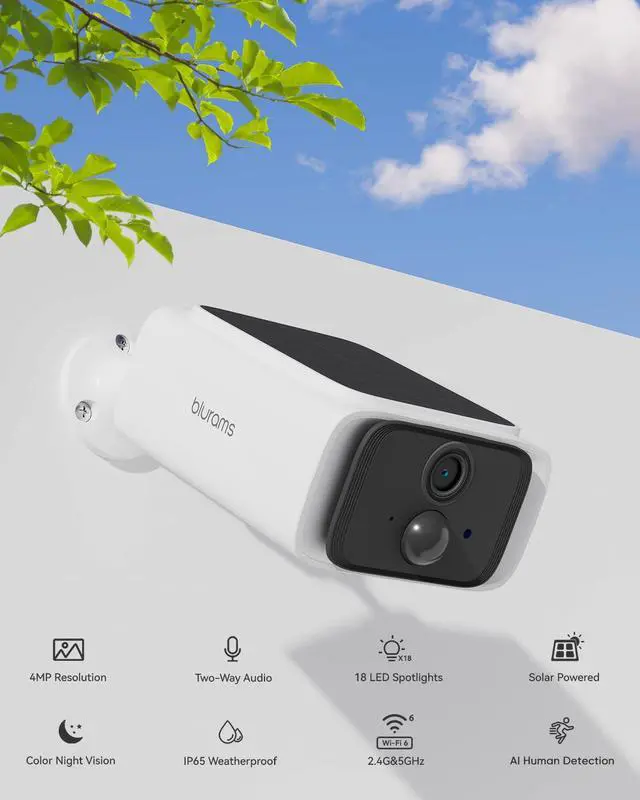Alt view image 2 of 7 - 4MP Outdoor Camera with Integrated Solar Panel, Wireless Security Camera Outdoor with Dual-Band WiFi6, Human Detection, Night Vision, Compatible with Alexa
