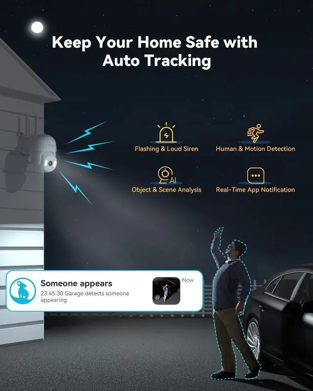 Alt view image 4 of 7 - 2Pack Security Cameras Outdoor Wired, 2K 360° PTZ Outdoor Security Camera, Weatherproof, 24/7 Recording with SD Card, Color Night Vision, AI Human Tracking, 2.4/5GHz WiFi6, Work with Alexa