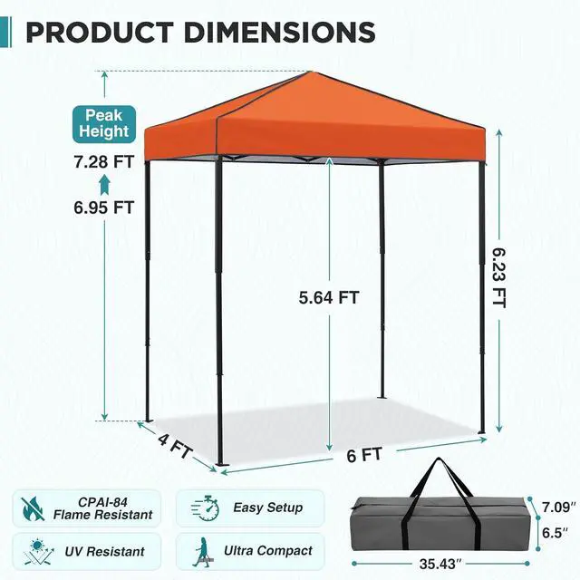 Alt view image 3 of 7 - 6x4 Instant Pop Up Canopy Tent, Straight Leg Sun Shelter, Portable Canopy with Carry Bag for Camping, Beach & Sports, Orange