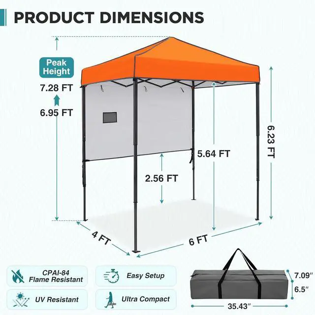 Alt view image 3 of 7 - 6x4 Instant Pop Up Canopy Tent with 1 Half Wall Panel, Straight Leg Sun Shelter, Portable Canopy with Carry Bag for Camping, Beach & Sports, Orange