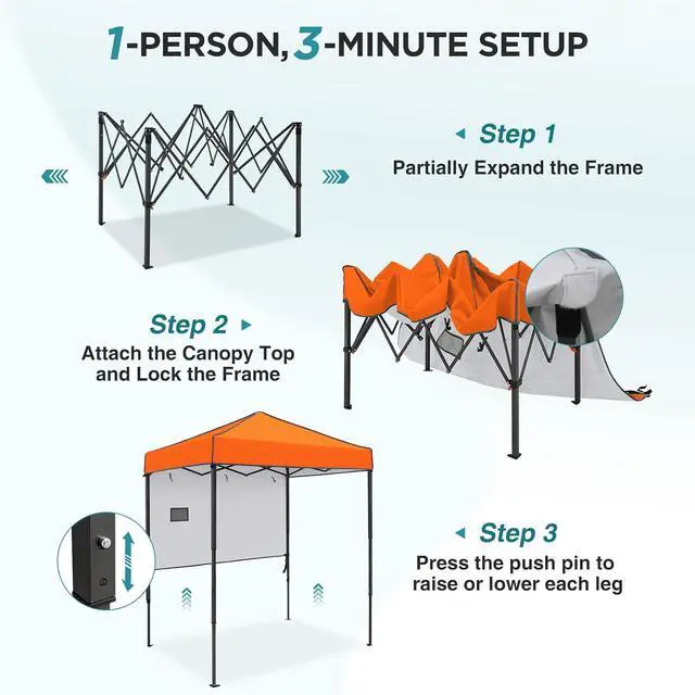 Alt view image 2 of 7 - 6x4 Instant Pop Up Canopy Tent with 1 Half Wall Panel, Straight Leg Sun Shelter, Portable Canopy with Carry Bag for Camping, Beach & Sports, Orange