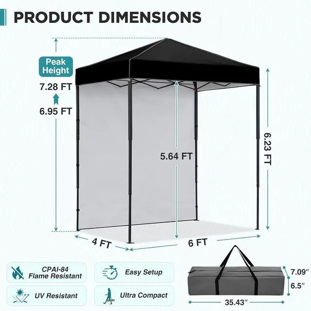 Alt view image 3 of 7 - 6x4 Instant Pop Up Canopy Tent with 1 Side Wall Panel, Straight Leg Sun Shelter, Portable Canopy with Carry Bag for Camping, Beach & Sports, Black