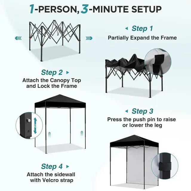 Alt view image 2 of 7 - 6x4 Instant Pop Up Canopy Tent with 1 Side Wall Panel, Straight Leg Sun Shelter, Portable Canopy with Carry Bag for Camping, Beach & Sports, Black
