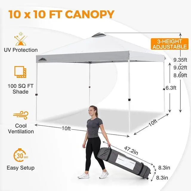 Alt view image 3 of 7 - Pop Up Canopy Tent with Wheeled Carry Bag, 8 Stakes, 4 Ropes, 4 Weight Bags, Easy Set Up Tent Canopy, 10x10 ft, 100sqft of Shade, White