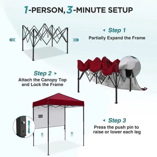 Alt view image 2 of 7 - 6x4 Instant Pop Up Canopy Tent with 1 Half Wall Panel, Straight Leg Sun Shelter, Portable Canopy with Carry Bag for Camping, Beach & Sports, Burgundy
