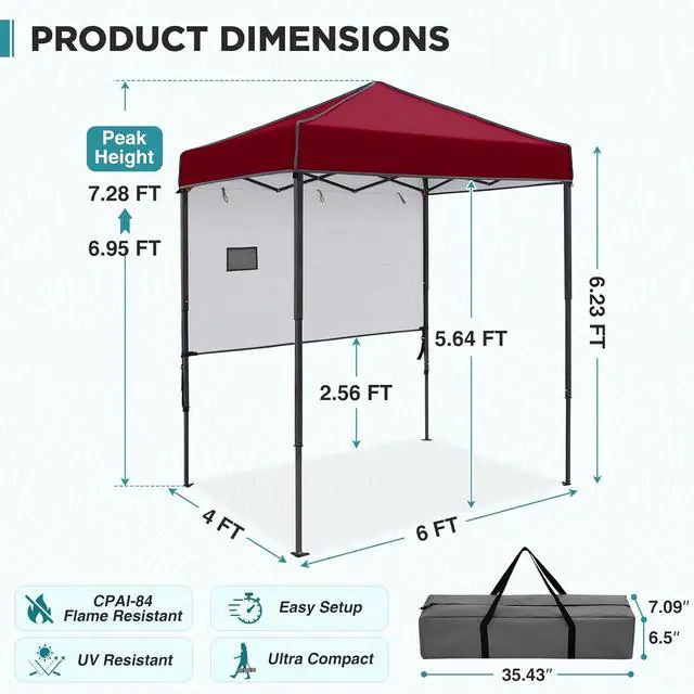 Alt view image 3 of 7 - 6x4 Instant Pop Up Canopy Tent with 1 Half Wall Panel, Straight Leg Sun Shelter, Portable Canopy with Carry Bag for Camping, Beach & Sports, Burgundy