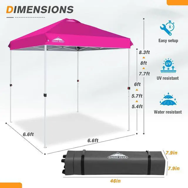 Alt view image 3 of 7 - Pop Up Canopy Tent with Wheeled Carry Bag, 8 Stakes, 4 Ropes, Easy Set Up Tent Canopy, 6.6x6.6 ft, Pink